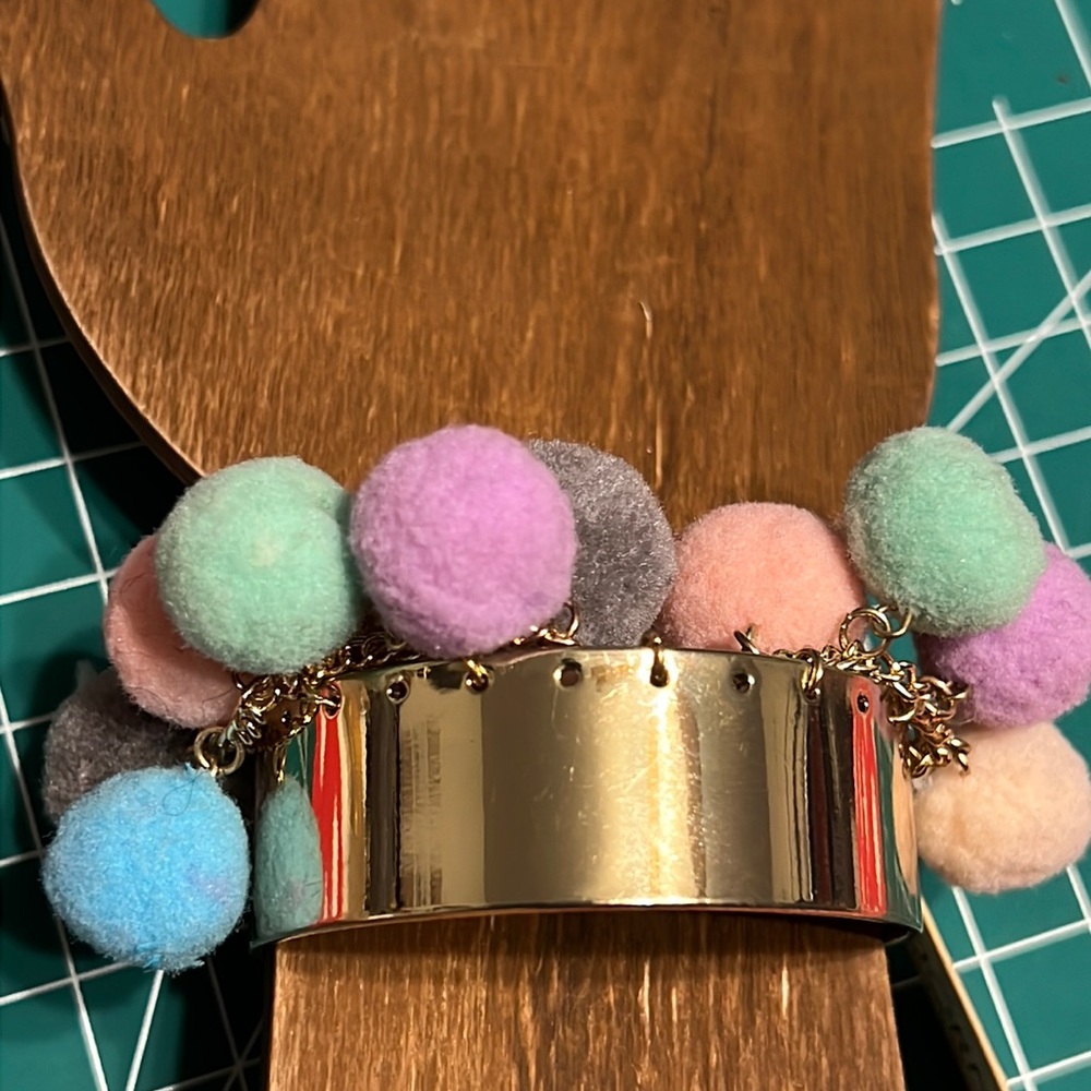 New ADORN Colorful Pastels Pom Pom Tassel Gold Tone Chain Open Cuff Bracelet